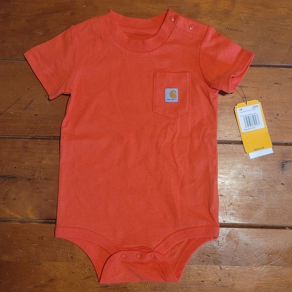 Carhartt Kids Baby Bodysuit Short Sleeve Pocket Tee 12M Orange New - Picture 1 of 3